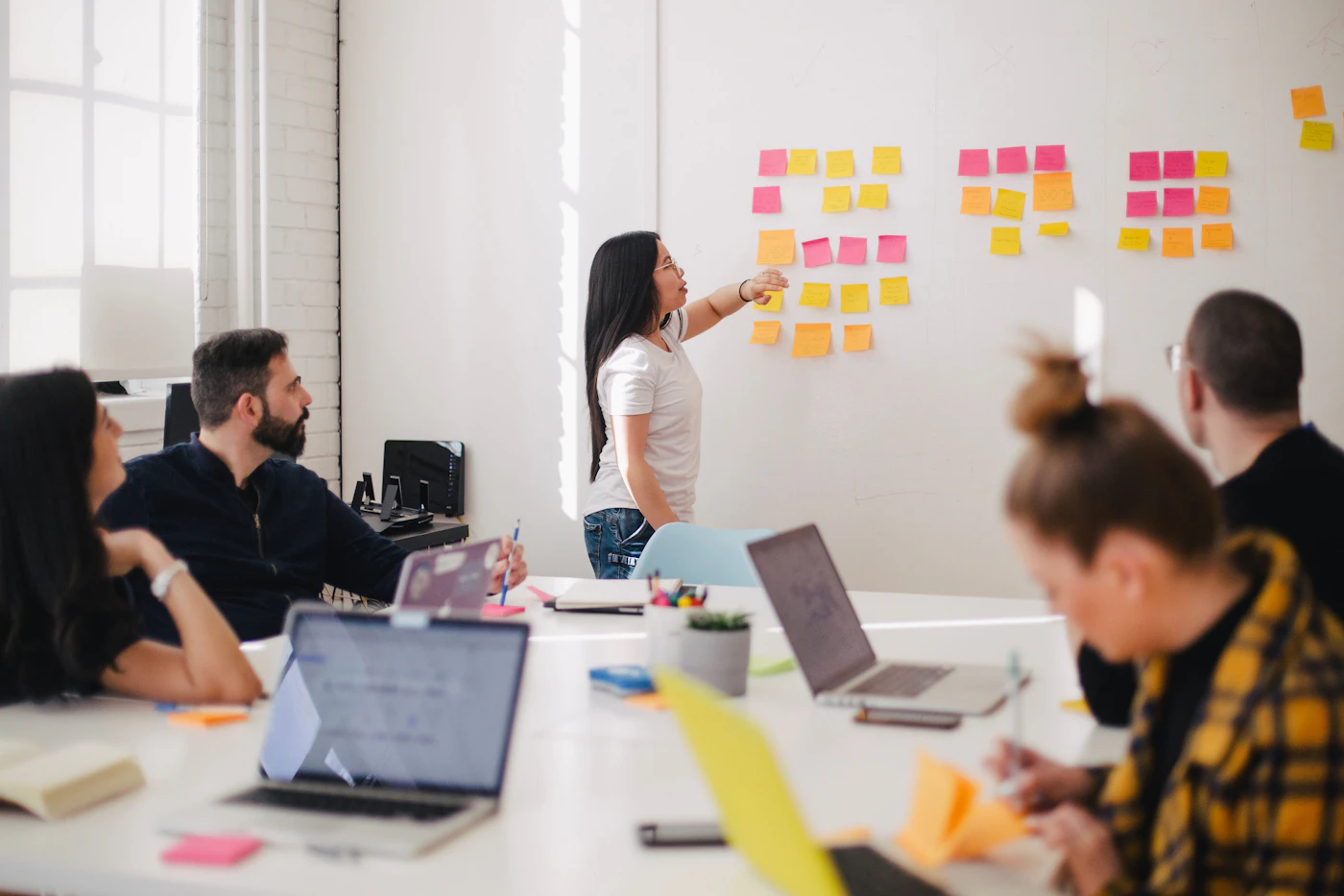 Équipe organisant des idées sur un mur de post-its en réunion